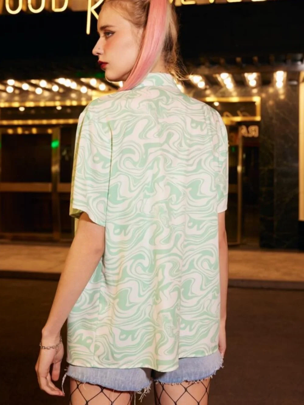 ROMWE Mint Green Swirl Short Sleeve Button-Down Shirt - Picture 2 of 5